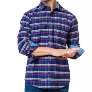 Hope & Henry Navy Blue Yellow Plaid Flannel 100% Organic Cotton Button Up Shirt